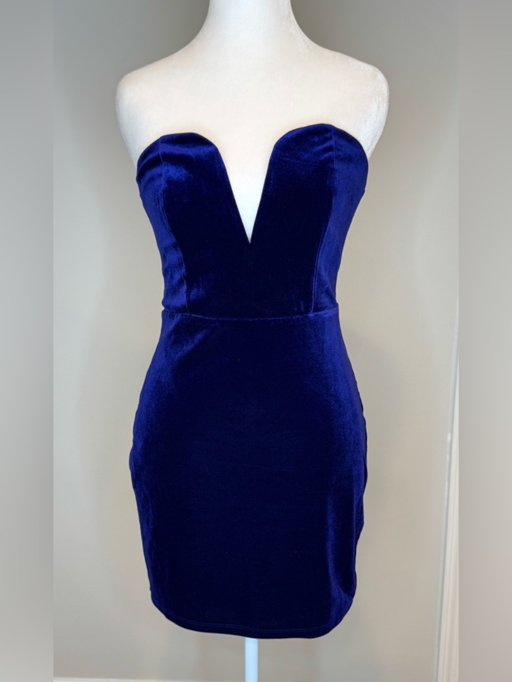 Superdown Royal Blue Velvet Mini Dress V-Neck Strapless Bodycon XS